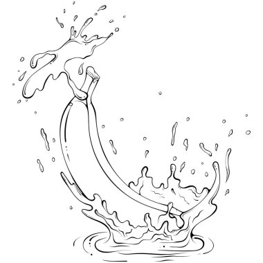 Meyve suyu ya da su serpilmiş muz. Sıvı damlaları. Elle çizilmiş robot resim çiziminde vektör illüstrasyonu. Beyaza izole edilmiş taze meyve suyu için çizgili sanat malzemesi. Meyveyi kapat. Boyama kitabı