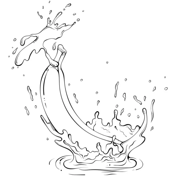 整个香蕉与果汁或水飞溅 液体滴 矢量插图手绘草图涂鸦风格 在白色上分离的新鲜果汁的线艺术成分 关闭水果 彩色书 — 图库矢量图片