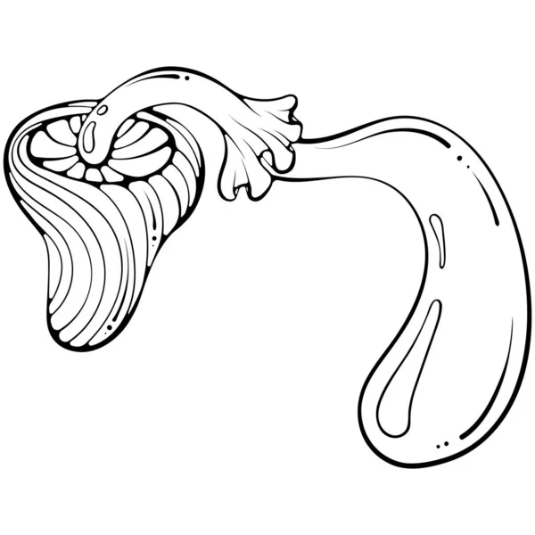 多毛的嬉皮士条纹弯曲蘑菇 复古70年代迷幻真菌 手绘素描涂鸦风格的怀旧怀旧矢量 黑线艺术插图孤立在白色上 彩色书 — 图库矢量图片