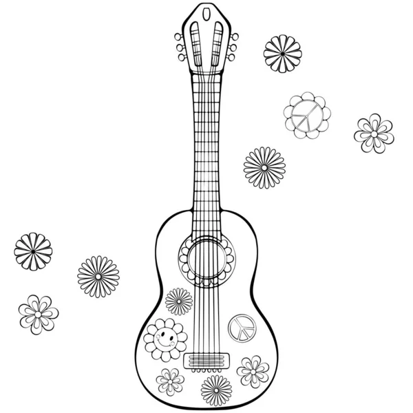 Stock vector Groovy guitar. Acoustic guitar with flowers and emoticons. String musical instrument. Vector illustration in hand drawn sketch doodle style. Black outline musical equipment isolated on white