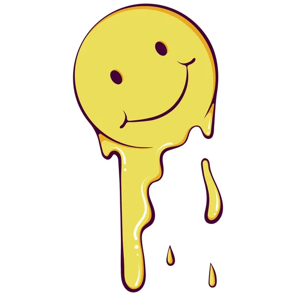 Dripping Melting Smile Psychedelic Funny Surreal Yellow Smiley Face Hippie — Stock Vector