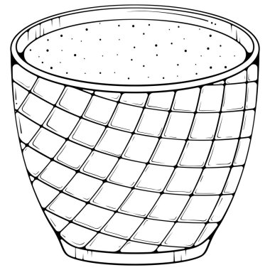 Geometrik desenli sulu saksılar için boş bir saksı. Kapalı alandaki bitkiler için saksı. Eldeki vektör siyah çizimler beyaz üzerine izole edilmiş karalama stili. Bahçe araçları.