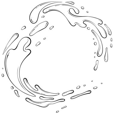 Su ya da boya damlaları. Fıskiye spreyi. Elle çizilmiş robot resim çiziminde vektör illüstrasyonu. Beyaz üzerine damlalar bırakılmış çizgili sanat sıvısı. Su sıçrat. Soyut yuvarlak şekil