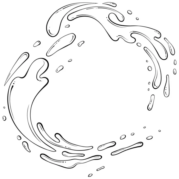 水かペンキのスプラッシュ 噴水のスプレー 手描きのスケッチの落書きスタイルのベクターイラスト 白で隔離された滴が付いているライン アート液体 スプラッシュウォーターモーション 抽象ラウンド形状 — ストックベクタ
