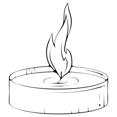 Yüzen küçük bir mum. Yanan çay mumu tableti. Basit tasarım ögesini kapat. Elle çizilmiş vektör çizimleri beyaza izole edilmiş. Yazdırma ve logo için siyah çizgi grafiği