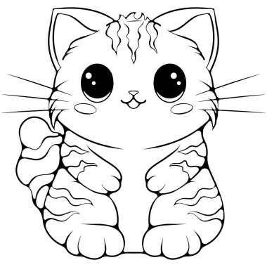 Şirin kawaii çizgili kedi. Kedi çizgi film karakteri. Elle çizilmiş vektör çizimleri beyaza izole edilmiş. Siyah çizgili grafik. Boyama kitabı sayfası