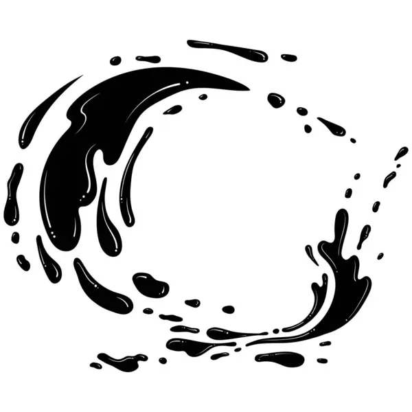 Su ya da boya damlaları. Fıskiye spreyi. El çizimi tarzında vektör illüstrasyonu. Beyaz üzerine damlalar bırakılmış sıvı silueti. Sıvı hareket. Soyut yuvarlak şekil