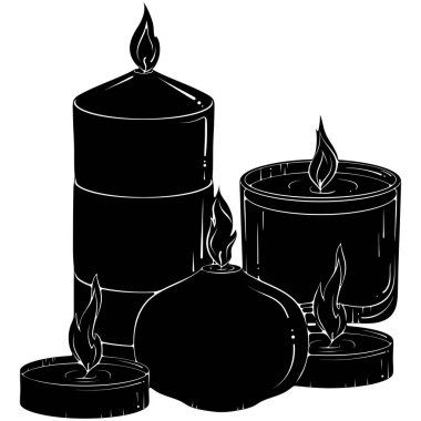 Farklı mumların silueti. Yuvarlak, sütun, cam, çay mumları. Spa aromaterapi mumu. Basit tasarım elemanı. Beyaz üzerine izole edilmiş vektör çizimleri. Siyah mürekkep lekesi grafiği
