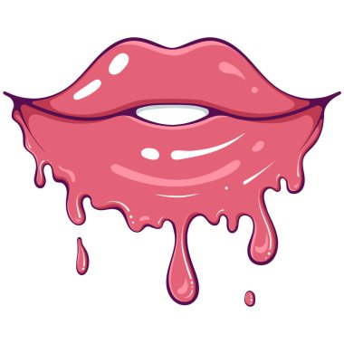 Dudaklarından ruj damlayan kırmızı dudaklar, parlatıcı. Seksi kadın ağız makyajı. Elle çizilmiş karikatür biçimindeki vektör çizimi beyaza izole edilmiş. Tatlı erimiş dudaklar..
