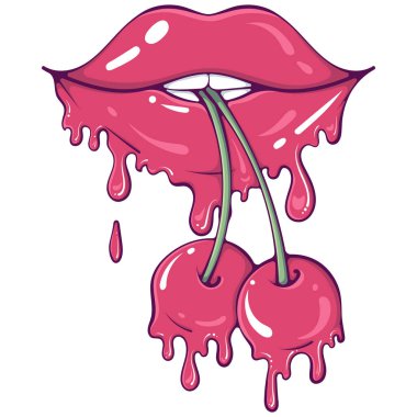 Kirazlı kırmızı kız dudakları. Rujlu, parlak makyajlı seksi kadın dudakları. Elle çizilmiş karikatür biçimindeki vektör çizimi beyaza izole edilmiş. Tatlı erimiş dudaklar dizaynı sever.