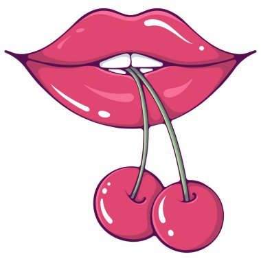 Kirazlı kırmızı kız dudakları. Rujlu, parlak makyajlı seksi kadın dudakları. Elle çizilmiş karikatür biçimindeki vektör çizimi beyaza izole edilmiş. Şirin, havalı dudaklar tasarımı sever.