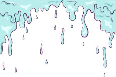 Damlayan sıvı, balçık, boya. Su damlaları, düşen şelale ve gözyaşı damlası. Elle çizilmiş karikatür tarzında vektör illüstrasyonu. Beyazda izole edilmiş basit renk grafiği. Sıçrama hareketi sıvı tasarımı
