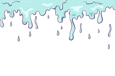 Damlayan sıvı, balçık, boya. Su damlaları, düşen şelale ve gözyaşı damlası. Elle çizilmiş karikatür tarzında vektör illüstrasyonu. Beyazda izole edilmiş basit renk grafiği. Sıçrama hareketi sıvı sınır tasarımı