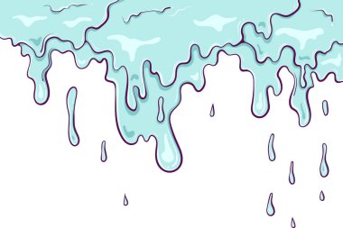 Damlayan sıvı, balçık, boya. Su damlaları, düşen şelale, doğa sıçraması. Elle çizilmiş karikatür tarzında vektör illüstrasyonu. Beyazda izole edilmiş basit renk grafiği. Sıçrama hareketi sıvı tasarımı