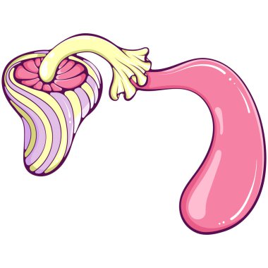 Havalı hippi çizgili bükülmüş mantar. Retro 70 'lerin psikedelik funk mantarı. Çizgi film el çizimi tarzında nostalji vektörü. Renk çizimi beyaza izole edildi