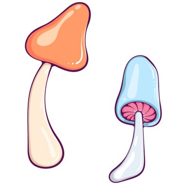 Manyak hippi, iki mantar. Retro 70 'lerin psikedelik funk mantarı. Çizgi film el çizimi tarzında nostalji vektörü. Renk çizimi beyaza izole edildi