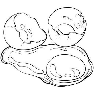 Kabuklu kırık yumurta. Çırpılmış tavuk yumurtası. Yakın plan. Elle çizilmiş robot resim çiziminde vektör illüstrasyonu. Çizgi sanatı ürünleri ürünleri beyaza izole edilmiş. Boyama kitabı için tasarım, yazdırma