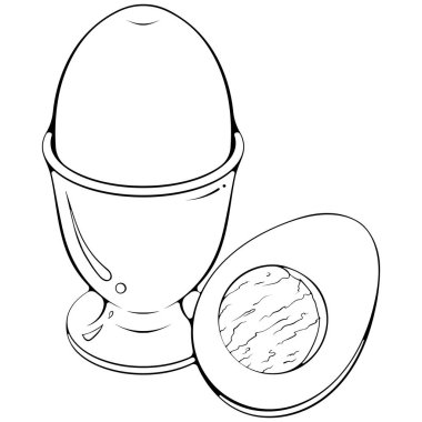 Bir büfede tam yumurta. Haşlanmış tavuk yumurtasını yakın plan çekimde. Elle çizilmiş robot resim çiziminde vektör illüstrasyonu. Çizgi sanatı ürünleri grafiği beyaza izole edilmiş. Boyama kitabı için tasarım