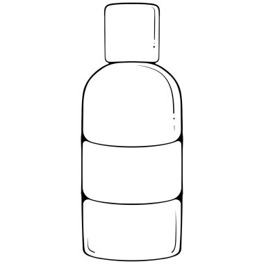 Kozmetik için bir şişe. Krem, köpük ve şampuan için kozmetik paketi. Elle çizilmiş robot resim çiziminde vektör illüstrasyonu. Çizgili plastik şişe beyaza izole edilmiş. Boyama kitabı için tasarım, yazdırma