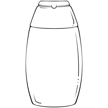 Plastik şampuan ya da duş jeli. Paketleme ürünleri saç bakımı. Elle çizilmiş robot resim çiziminde vektör illüstrasyonu. Çizgi sanatı hijyen ürünleri beyaza izole edilmiş. Boyama kitabı için tasarım, yazdırma