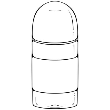 Kozmetik kapalı, terleme önleyici deodorant şişesi. Elle çizilmiş robot resim çiziminde vektör illüstrasyonu. Çizgili plastik şişe beyaza izole edilmiş. Boyama kitabı için tasarım, yazdırma