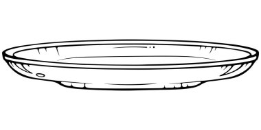 Seramik çay tabağı. Boş tabak. Elle çizilmiş vektör çizimleri beyaza izole edilmiş. Yazdırma ve boyama kitabı için siyah çizgi grafiği