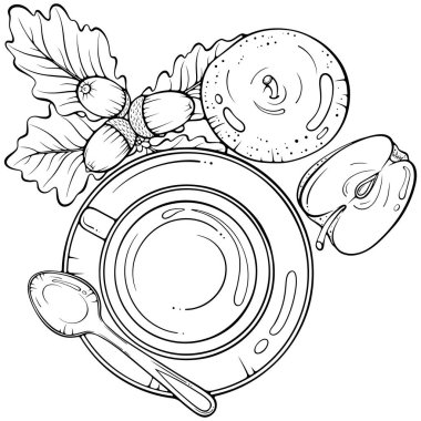 Sonbahar, fincanlar, elmalar, meşe palamutlarıyla dolu. Sabah sıcak içecek üst manzara. Elle çizilmiş vektör çizimleri beyaza izole edilmiş. Yazdırma ve boyama kitabı için siyah çizgi grafiği