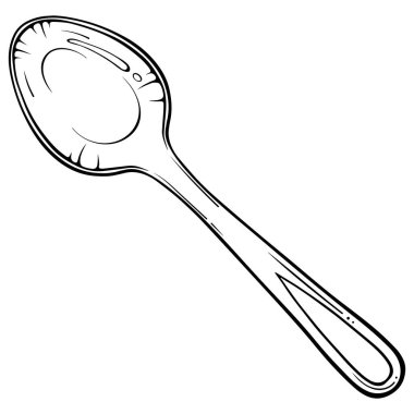 Kaşık üst görünüm. Paslanmaz çelik çatal bıçak takımı. Elle çizilmiş vektör çizimleri beyaza izole edilmiş. Yazdırma ve boyama kitabı için siyah çizgi grafiği