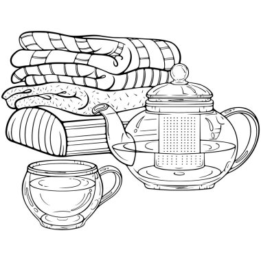 Sonbahar, battaniyeler, cam çaydanlık ve bir fincan çayla sakin bir hayat. Sıcak bir sonbahar, kışlık ev dekorasyonu. Elle çizilmiş vektör çizimleri beyaza izole edilmiş. Boyama kitabı için özet grafik