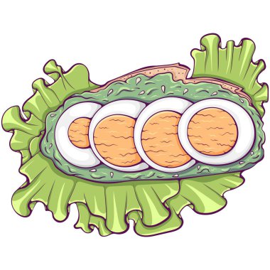 Avokado ve dilimlenmiş yumurta manzaralı sandviç. Haşlanmış yumurta ve sebzeli sağlıklı bir kahvaltı. Elle çizilmiş renk vektör çizimi. Restoran atıştırmalıkları beyazda izole edilmiş..