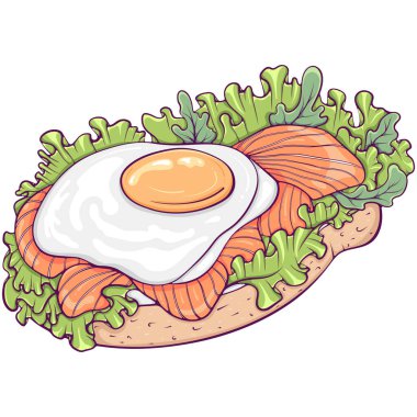 Kahvaltıda yumurtalı ve somonlu sandviç. Tost, yumurta ve marul yaprağıyla sağlıklı bir kahvaltı. Elle çizilmiş renk vektör çizimi. Restoran atıştırmalıkları beyazda izole edilmiş..