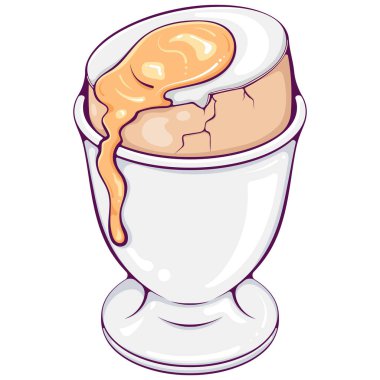 Sahada sıvı sarısı olan yumuşak haşlanmış yumurta. Tavuk yumurtası, yakın plan. Elle çizilmiş renk vektör çizimi. Beyaza izole edilmiş taze diyet kahvaltı. Yemek pişirmek için gerekli malzemeler