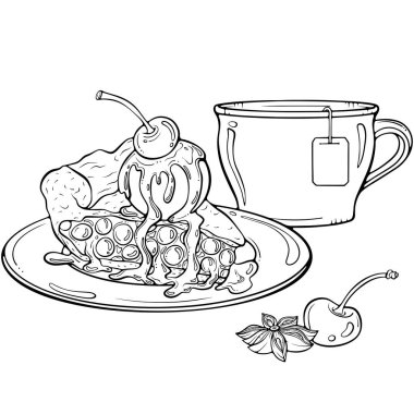 Bir fincan çayla birlikte bir tabak kirazlı turta. Bir kepçe dondurma ve böğürtlenli meyveli tatlı. Elle çizilmiş taslak biçiminde vektör illüstrasyonu. Çizgi sanatı boyama kitabı için beyaza izole edilmiş