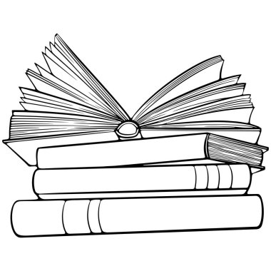 Üstünde sayfalar olan açık bir defter yığını. Okul, eğitim kütüphanesi sembolü. Elle çizilmiş robot resim çiziminde vektör illüstrasyonu. Çizgi sanatı boyama kitabı için beyaza izole edildi, yazdırma