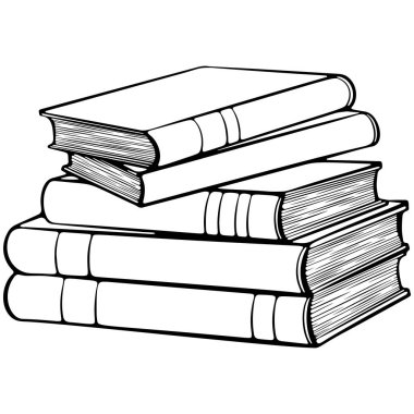 Bir yığın kitap. Okul, eğitim kütüphanesi sembolü. Okuma ve yazma konsepti. Elle çizilmiş robot resim çiziminde vektör illüstrasyonu. Çizgi sanatı boyama kitabı için beyaza izole edildi, yazdırma
