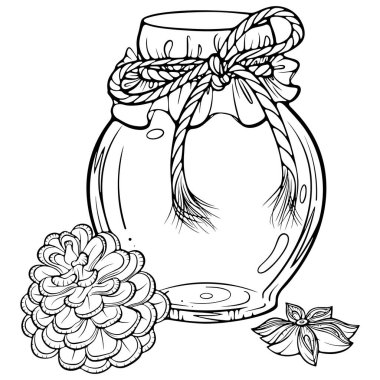 Çam kozalağı reçelli cam kavanoz ve ambalaj kağıdı. Ev yapımı sağlıklı tatlı. Elle çizilmiş robot resim çiziminde vektör illüstrasyonu. Çizgi sanatı boyama kitabı için beyaza izole edilmiş