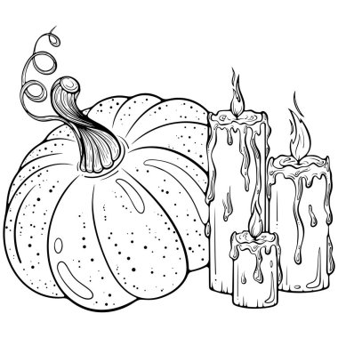 Üç mumlu balkabağı. Cadılar Bayramı süslemeleri. Elle çizilmiş taslak biçiminde vektör illüstrasyonu. Çizgi sanatı boyama kitabı için beyaza izole edildi, yazdırma