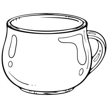 İçkiler için boş bardak. Kahve, çay ve kapuçino için seramik bardak. Elle çizilmiş taslak biçiminde vektör illüstrasyonu. Çizgi sanatı boyama kitabı için beyaza izole edildi, yazdırma