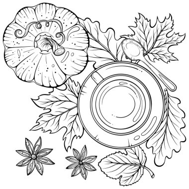 Balkabaklı sonbahar kompozisyonu, bir fincan çay ya da kahve, düşmüş yapraklar üst manzara. Sıcak sonbahar dekoru. Elle çizilmiş taslak biçiminde vektör illüstrasyonu. Çizgi sanatı boyama kitabı için beyaza izole edildi, yazdırma