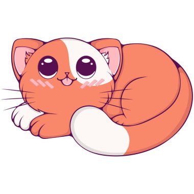 Tatlı kırmızı kedi uzanmış ve Kawaii tarzında yukarı bakıyor. Benekli kedi. Komik bebek karakteri. Poster, kartpostal, tebrik kartı, çocuk kıyafetleri, tişörtler için tasarım ögesi