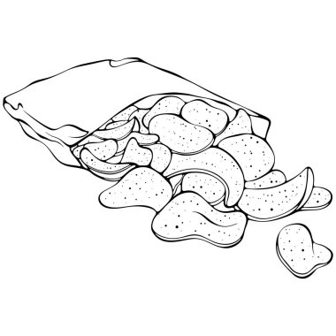 Patates cipsi paketi açıldı. Baharatlı atıştırmalık. Elle çizilmiş robot resim çiziminde vektör illüstrasyonu. Çizgi sanatı boyama kitabı için beyaza izole edildi, yazdırma