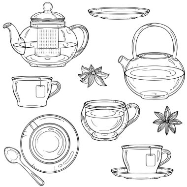 Çay seremonisi için farklı bardaklar, seramik çaydanlıklar ve çay fincanları. Günaydın sıcak içecek. Elle çizilmiş robot resim çiziminde vektör illüstrasyonu. Çizgi sanatı boyama kitabı için beyaza izole edilmiş