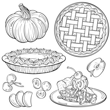 Meyveli turta. Kremalı balkabağı tatlısı. Geleneksel elmalı turta manzarası. Kirazlı turta. Elle çizilmiş taslak biçiminde vektör illüstrasyonu. Çizgi sanatı boyama kitabı için beyaza izole edilmiş