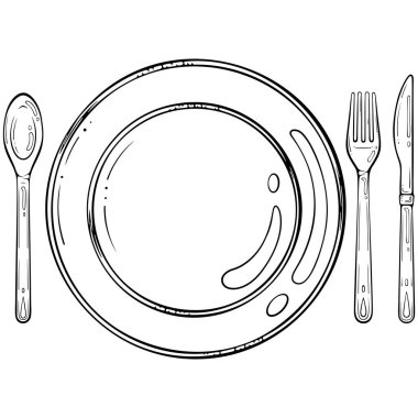 Kaşık, bıçak ve çatalla dolu boş bir tabak. Çatal bıçaklı yemek tabağı. Masa ayarı. Elle çizilmiş robot resim çiziminde vektör illüstrasyonu. Çizgi sanatı boyama kitabı için beyaza izole edildi, yazdırma