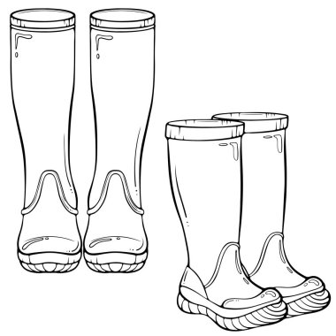 Lastik botlar hazır. Ayakkabı bahçıvanı, sonbahar yağmurlu hava aksesuarı. İki çift bot. Elle çizilmiş vektör çizimleri beyaza izole edilmiş. Yazdırma ve boyama kitabı için siyah çizgi grafiği
