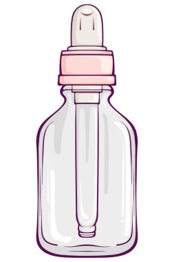Serum ya da yağ dolu bir şişe. Cam şişedeki pipetli deri için kozmetik ürün. Beyaza izole edilmiş renkli cam şişe. Basit vektör renk çizimi
