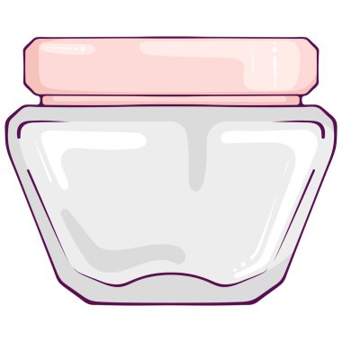 Konserve krema kavanozu. Yüz kremi için cam ya da plastik kozmetik kap. Cilt bakım ürünü. Beyaza izole edilmiş renkli plastik şişe. Basit vektör renk çizimi