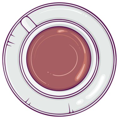 Beyaz fincan kahve ya da çay tabağı. Sıcak içecek üst görüşlü fincan. Beyaz üzerine izole edilmiş elle çizilmiş basit vektör renk çizimi