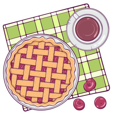 Vişneli turta ve kareli peçete manzaralı bir fincan kahveyle hayat devam ediyor. Geleneksel ev yapımı tatlı ile kompozisyon. Beyaz üzerine izole edilmiş elle çizilmiş basit vektör renk çizimi.