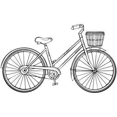 Önünde hasır sepeti olan eski bir bisiklet. Klasik bayan şehir bisikleti. Elle çizilmiş robot resim çiziminde vektör illüstrasyonu. Çizgi sanatı boyama kitabı için beyaza izole edildi, yazdırma